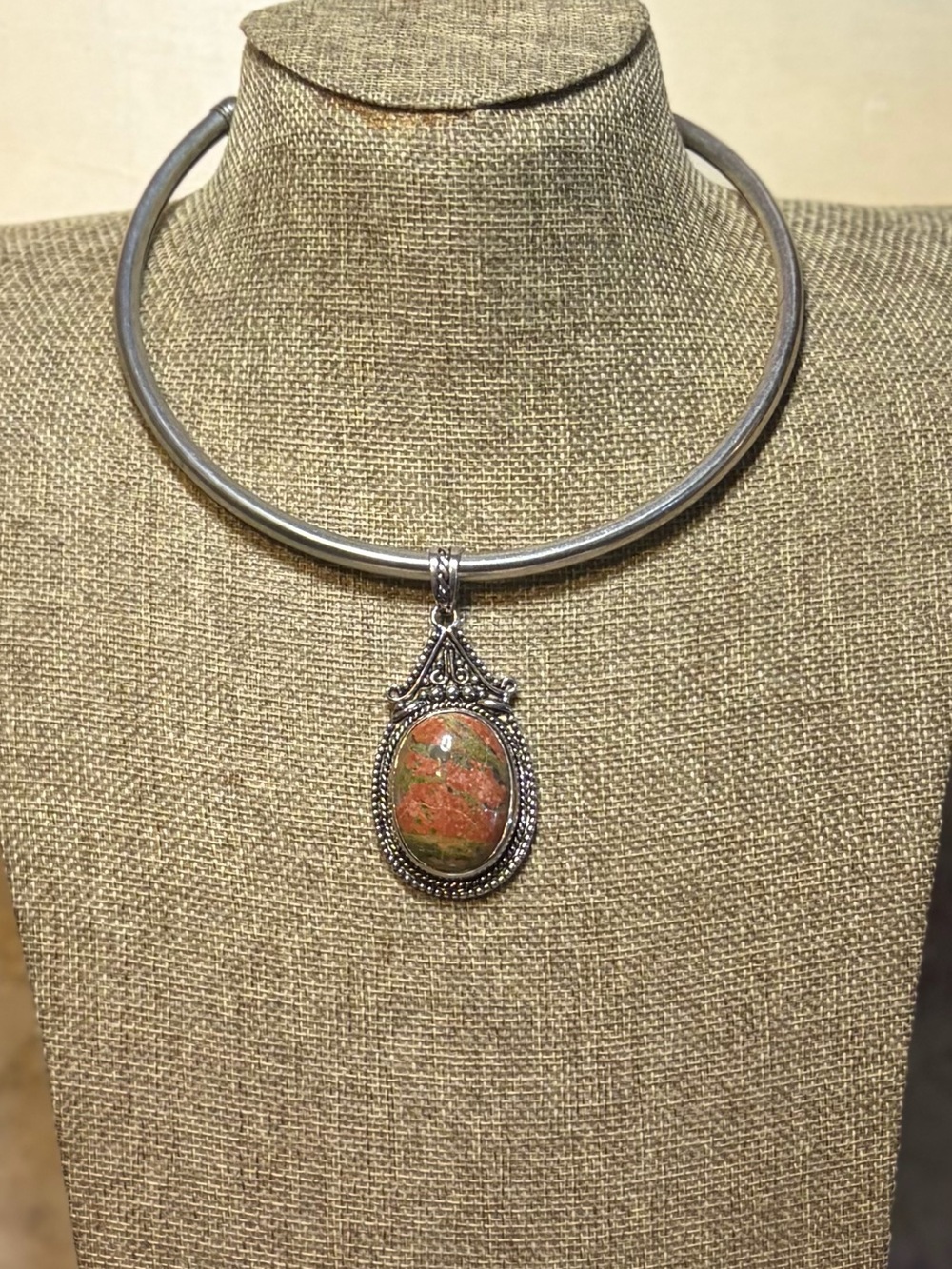 Sterling Silver Orange-Green Jasper Pendant Necklace